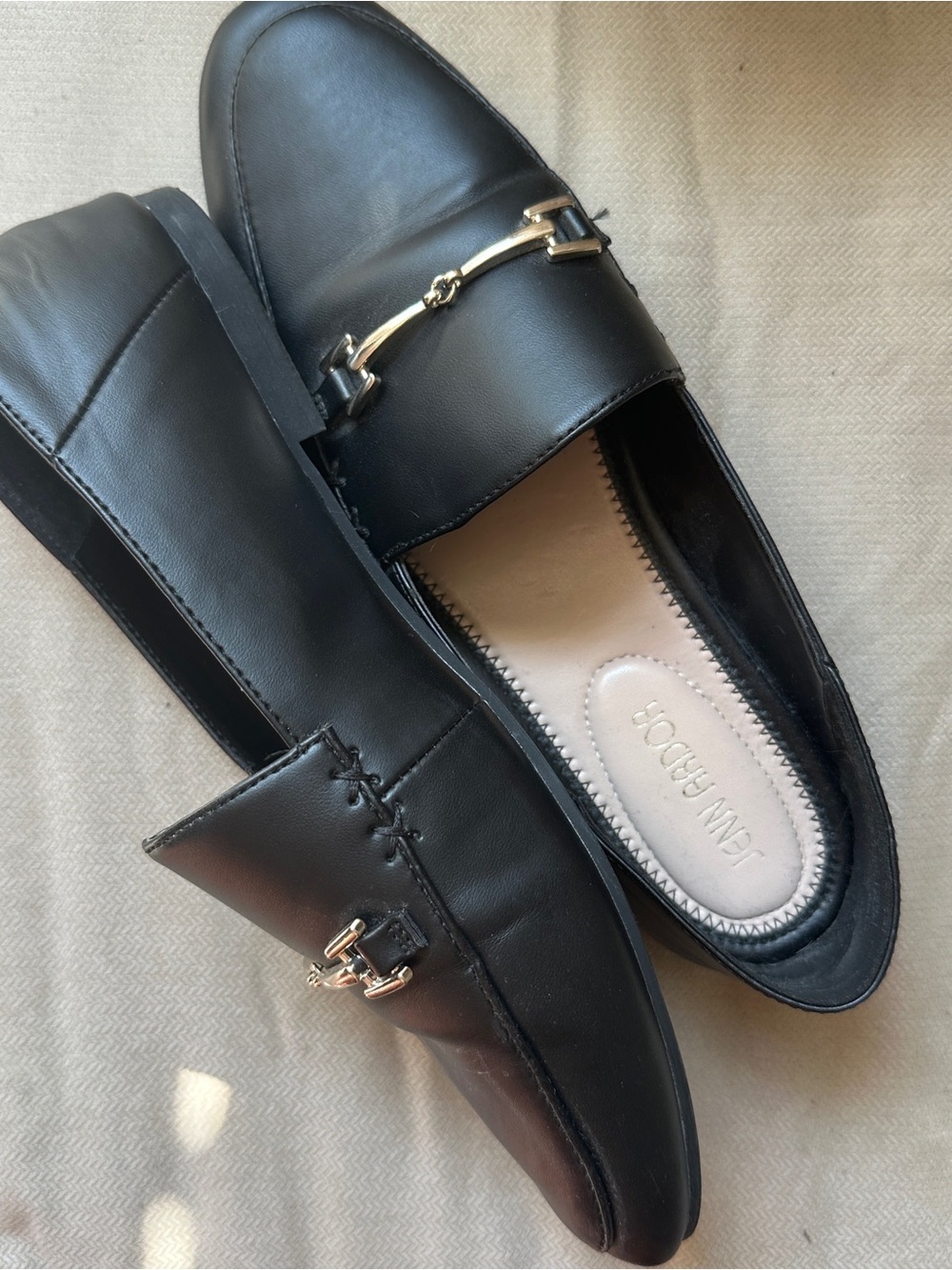 Jenn Ardor Black Leather Slip-On Loafers with Gold Hardware